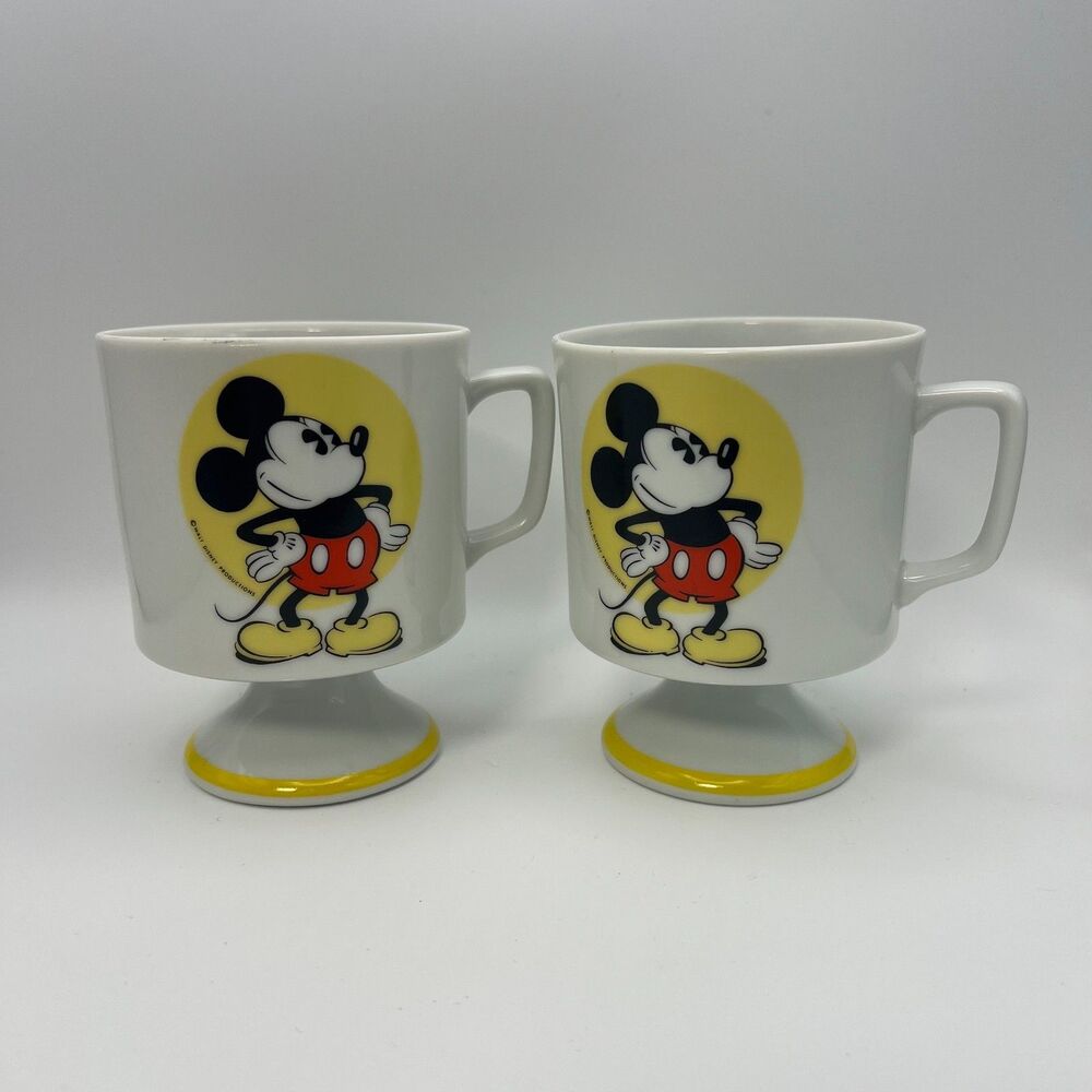 Collectible Mickey Mouse Pedestal Coffee Mug Cup Disney Production Set of 2 VTG